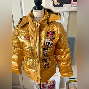 SIZE XL ED HARDY by Christian Audigier RARE Gold Puffer jacket